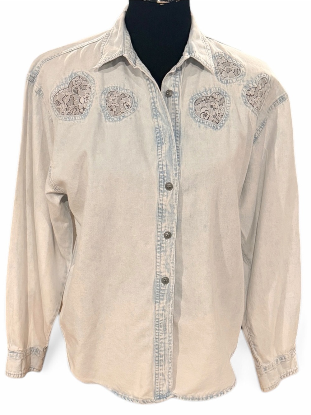 Jordache Acid Wash Button-Down Shirt with Heart Lace Appliqués